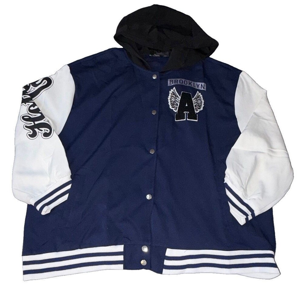 Helium Moto Wear 4X Brooklyn Rebel 93 Varsity Jacket Navy White Hooded Y2K